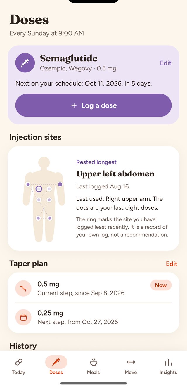 The Doses tab: next dose, the injection-site map and the taper plan