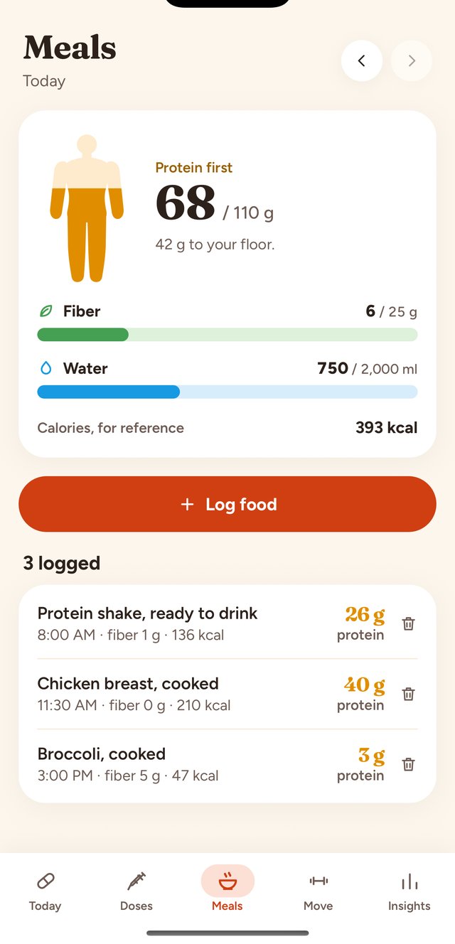 Meals: protein, fiber and water for the day