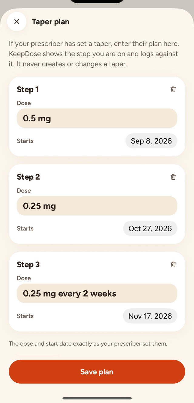 Taper plan: three steps with doses and start dates